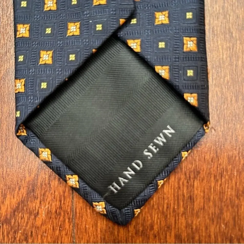 Robert Talbott Carmel Woven 100% Silk Tie, Navy and Orange, Hand Sewn in the USA